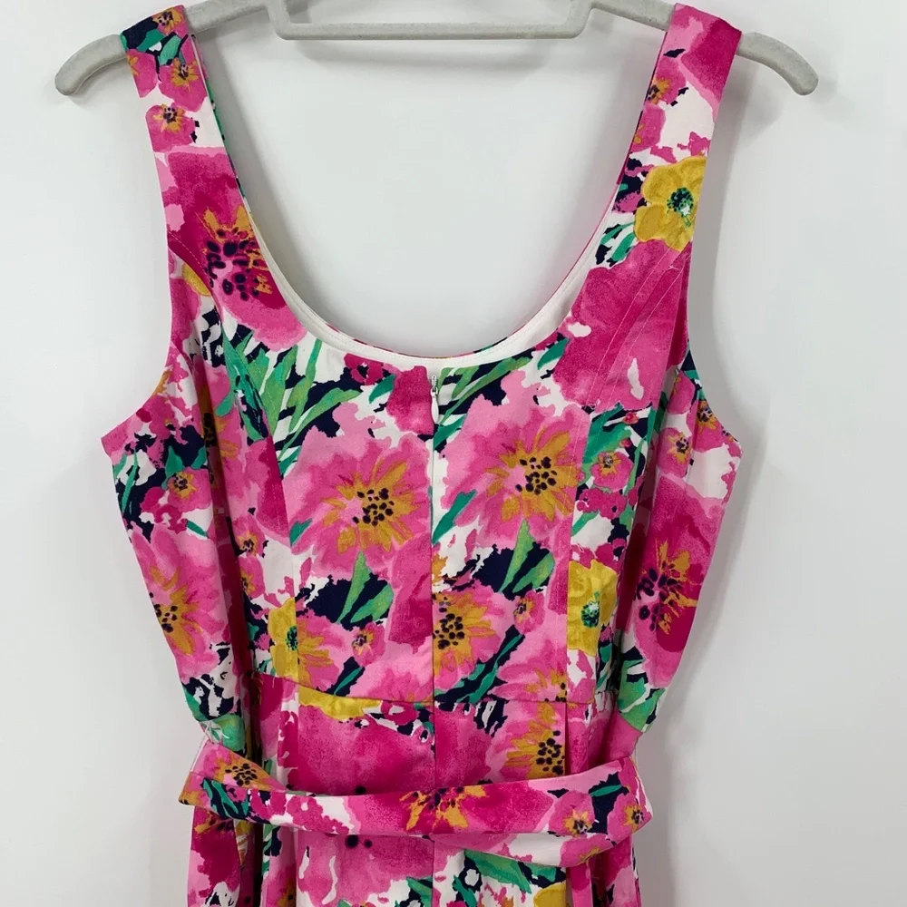 Ann Klein Bright Pink Floral Tie Belt Fit and Flare Dress Retro Style Sz 4